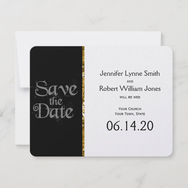 Svartvit och Guld Glitter Bröllop spara datum Datumet (Framsida)