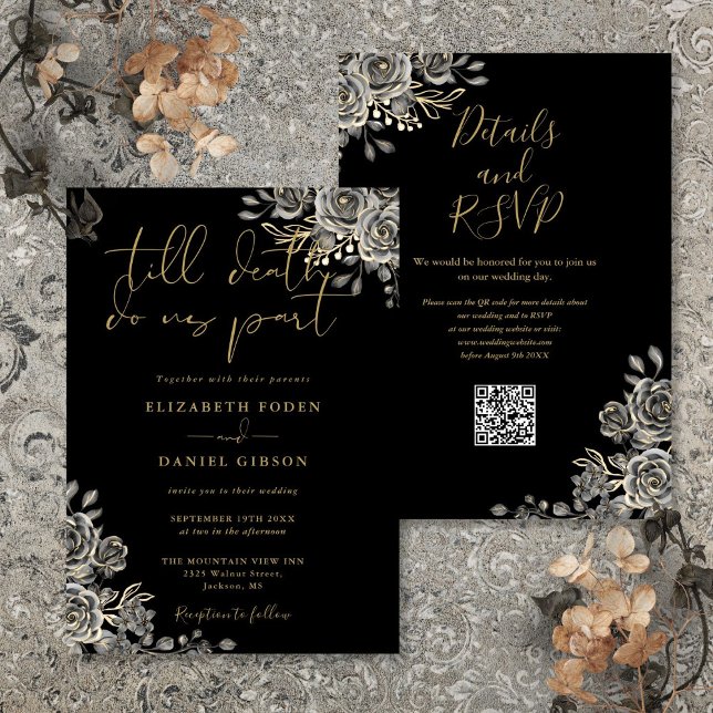 Svartvit och Guld gotisk Blommigt QR-kod Bröllop Inbjudningar (Black And Gold Gothic Floral QR Code Wedding Invitation)