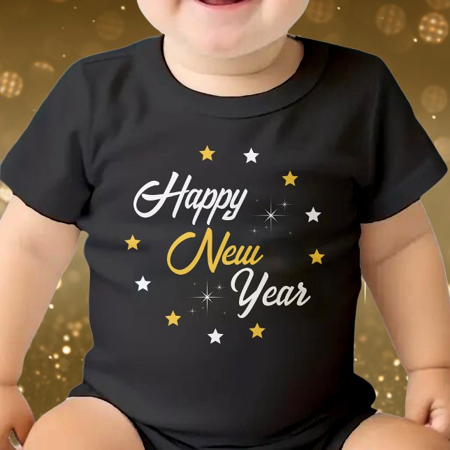 Svartvit och Guld Gott nytt år T Shirt (Black White & Gold Happy New Year Baby Bodysuit)