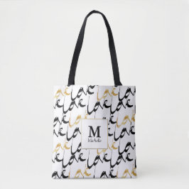 Svartvit och Guld Kärlek Monogram Tote Bag Tygkasse