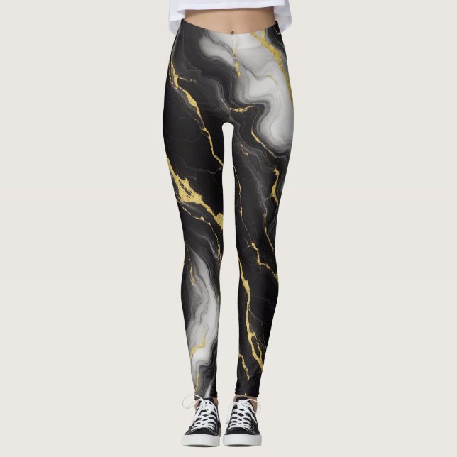 Svartvit och Guld Marble ger tankarna Leggings (Framsida)