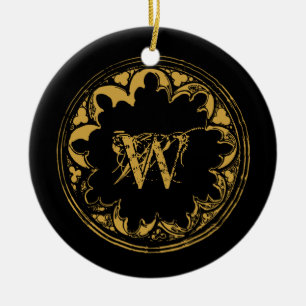 Svartvit och Guld Rustic Vintage Distress Monogram Julgransprydnad Keramik
