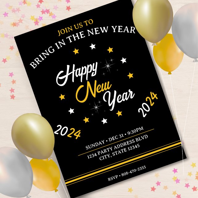Svartvit och Guld Star Gott nytt år 2024 Inbjudningar (Black White & Gold Star Happy New Year 2024 Invitation)