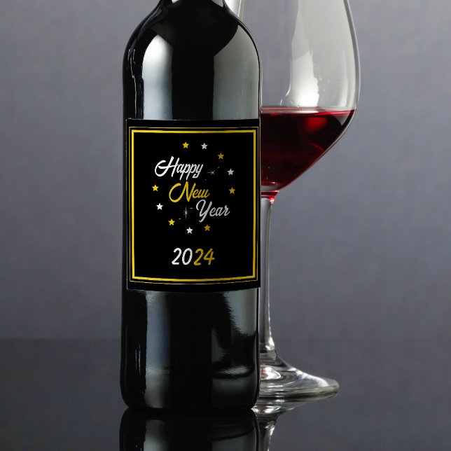 Svartvit och Guld Star Gott nytt år 2024 Vinflaska Etikett (Black White & Gold Star Happy New Year 2024 Wine Label)