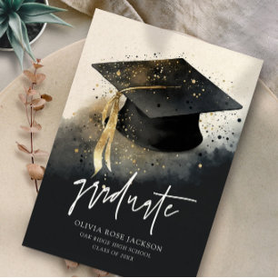 Svartvit och Guld vattenfärg Student Cap Studenten Meddelande