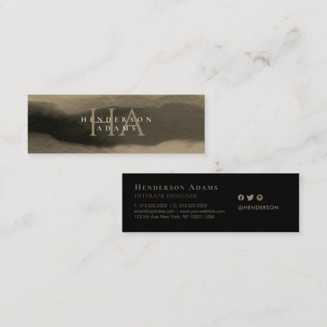 Svartvit och Guld vattenfärg Vågigt Abstrakt Monog Mini Visitkort (Fram/baksida)