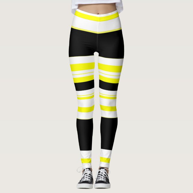 svartvit och gult rand Vågrät Leggings (Framsida)