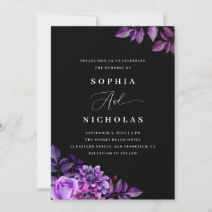Svartvit och Lila blommigt Elegant Gothic Bröllo Inbjudningar