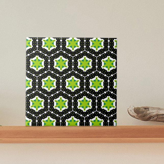 Svartvit och limgrön hexagongeometri Mönster Kakelplatta (Skapare uppladdad)
