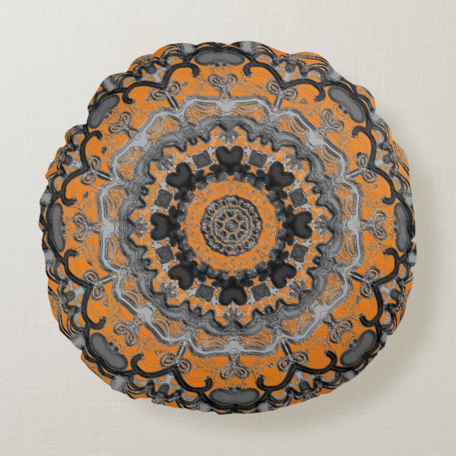 Svartvit och Orange Mandala Round Pillow Rund Kudde (Framsidan)