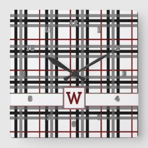 Svartvit och röd Plaid Clock Fyrkantig Klocka