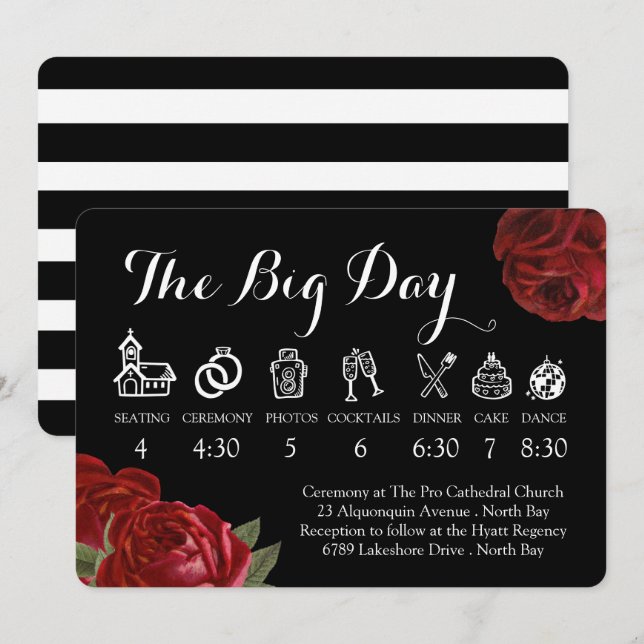 Svartvit och Röd ros Bröllop, tidslinje Inbjudningar (Fram/baksida)