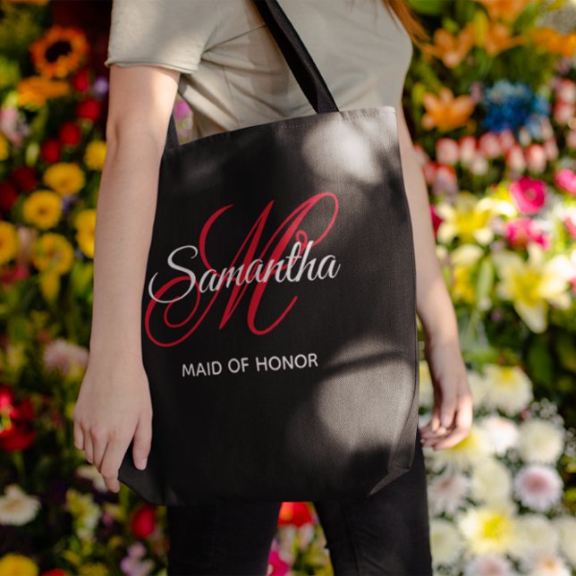 Svartvit och Röda Finare Monogram Maid of honor Tygkasse (Black White and Red Fancy Monogram Maid of Honor Tote Bag)