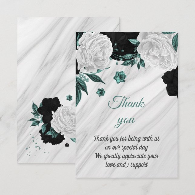 Svartvit och teal botanisk marmor tack kort (Fram/baksida)