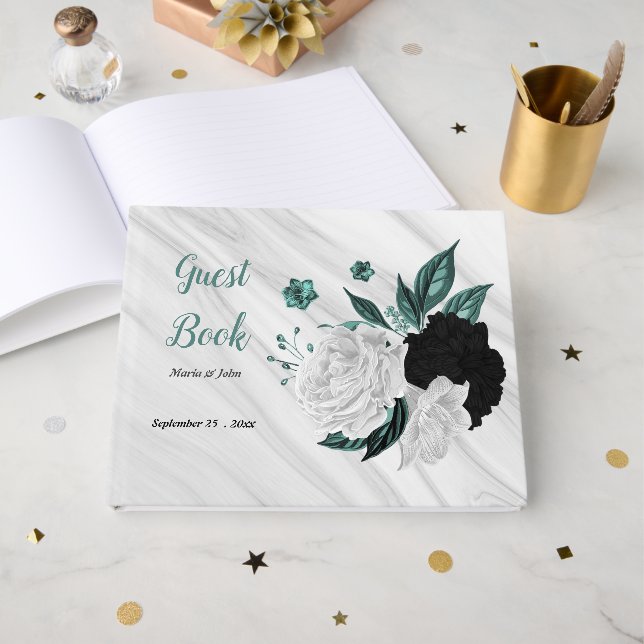 Svartvit och teatblommor grått botaniska marmor gästböcker (Framsida Öppen)