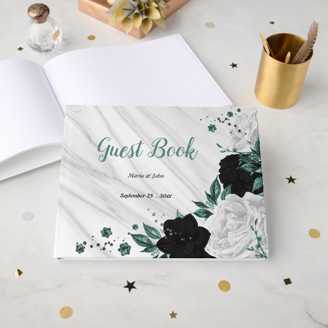 Svartvit och teatblommor grått botaniska marmor gästböcker (Framsida Öppen)