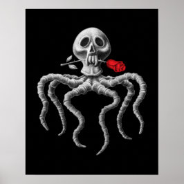 Svartvit oktopus Skull med Röd ros Poster