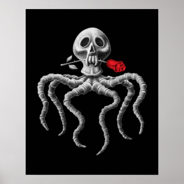 Svartvit oktopus Skull med Röd ros Poster (Framsidan)