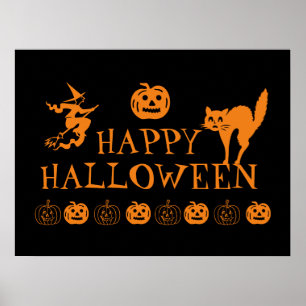 Svartvit orange i happy halloween poster