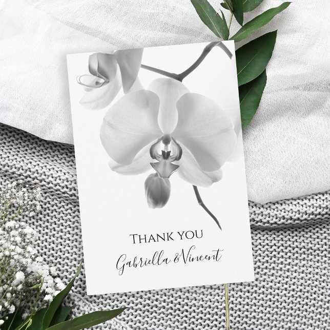 Svartvit, orkid, Bröllop, platta Tackkort Anteckningskort (Show your appreciate with this elegant floral thank you note card.)