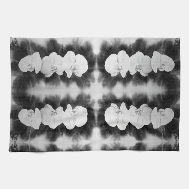 Svartvit, orkidéfärgad, tropiska blommigtar kökshandduk (Horisontell)