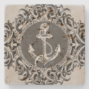 Svartvit ornament och Nautical Boat Anchor Underlägg Sten