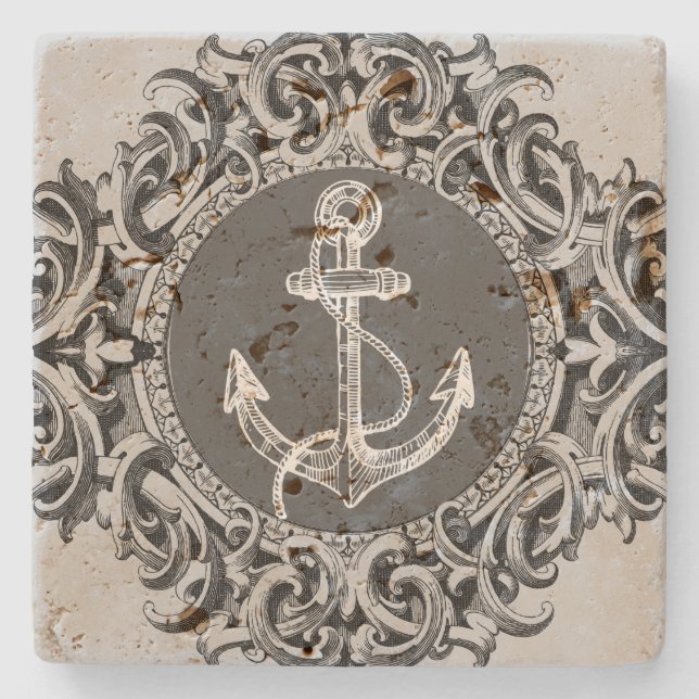Svartvit ornament och Nautical Boat Anchor Underlägg Sten (Framsidan)
