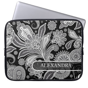 Svartvit ornat-Blommönster Laptop Sleeve