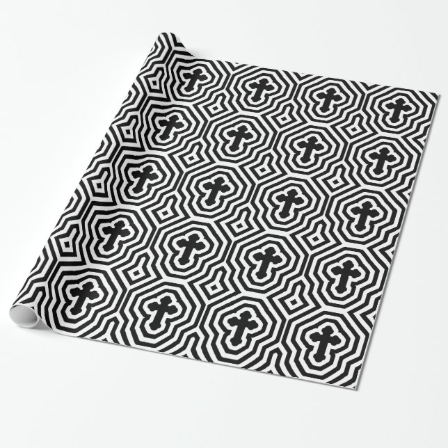 Svartvit Ornate Kor med Concentric Rand Presentpapper (Utrullad)