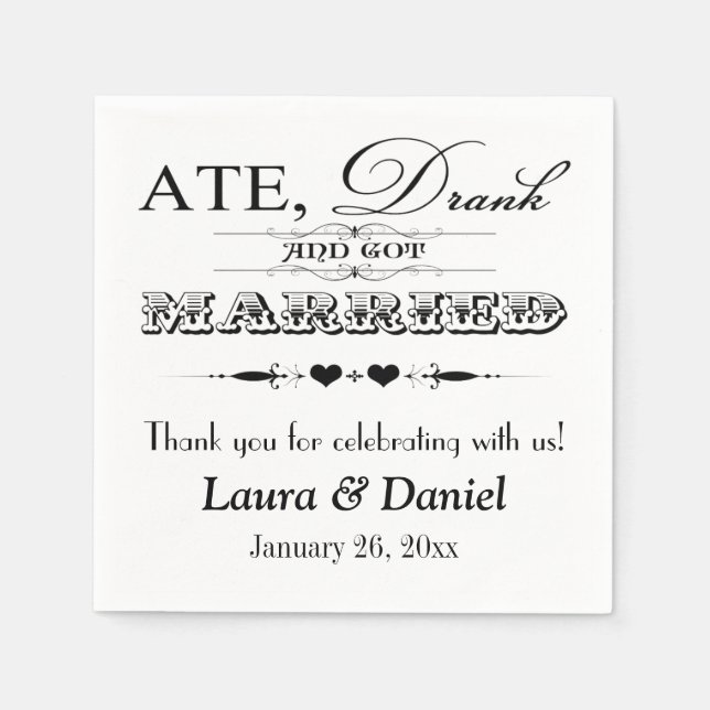 Svartvit ört, Scrolls Bröllop Napkins Pappersservett (Framsidan)