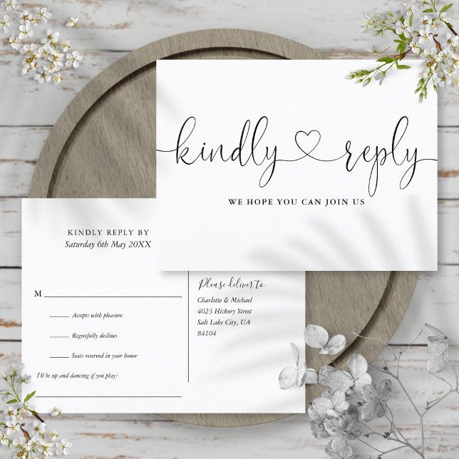 Svartvit OSA för Heart-skript i Sång-begäran Inbjudan Vykort (Black And White Heart Script Song Request RSVP Invitation Postcard)