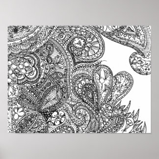 Svartvit Paisley-Inspired Doodle Art Poster