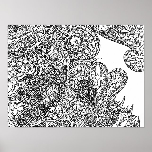 Svartvit Paisley-Inspired Doodle Art Poster (Framsidan)