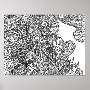 Svartvit Paisley-Inspirerad klotterkonstaffisch Poster
