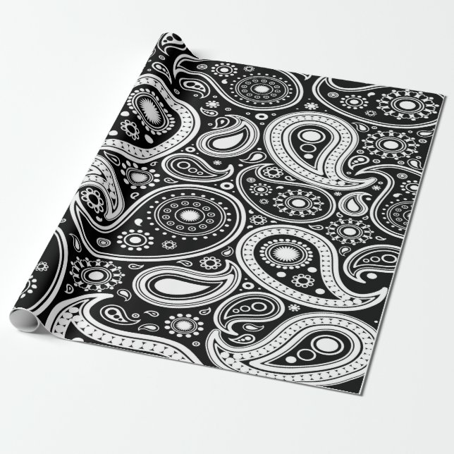Svartvit Paisley Wrapping Papper Presentpapper (Utrullad)