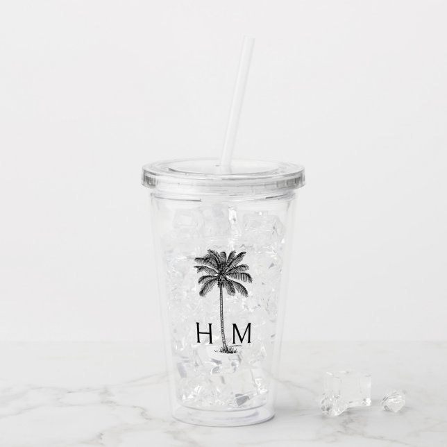Svartvit palmetto Handflatan Träd Monogram Take Away Mugg (Baksida Ice)