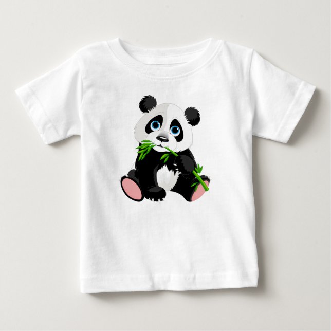 Svartvit Panda Bear Eating Grönt Bamboo Tee Shirt (Framsida)