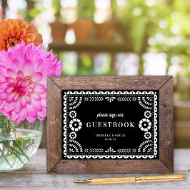 Svartvit papel Picado Bröllop Guestbook-tecken Poster