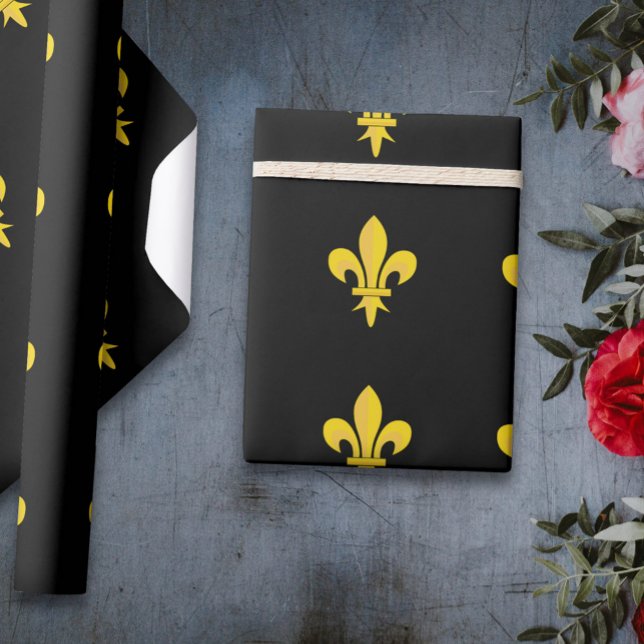Svartvit Papper med guld Fleur de Lis Presentpapper (Black Wrapping Paper with gold Fleur de Lis)