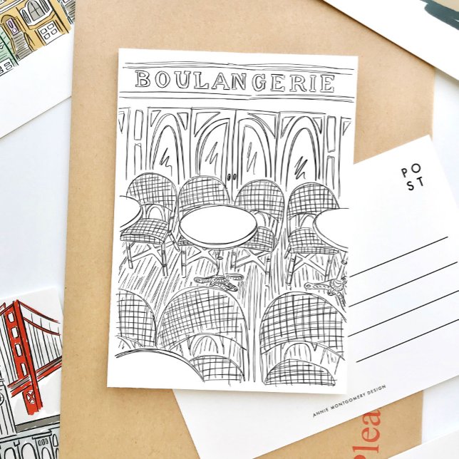 Svartvit Paris Cafe Boulangerie-vykort Inbjudan Vykort (Black and white sketch Paris Boulangerie travel postcard.)