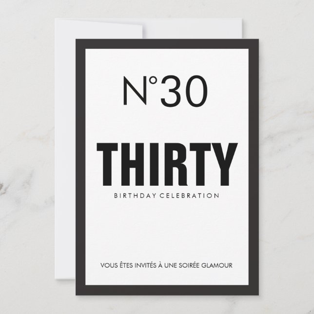 Svartvit PARIS Theme 30års födelsedag Party Inbjudningar (Baksida)