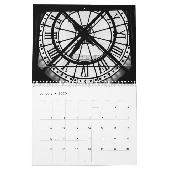 Svartvit parisisk hemdekan kalender (Jan 2026)