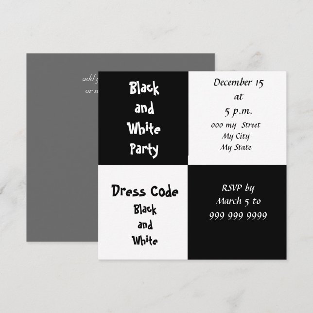 Svartvit partiinbjudan inbjudningar (Fram/baksida)