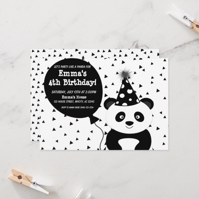 Svartvit Party som en panda-födelsedag Inbjudan (Fram/Back In Situ)