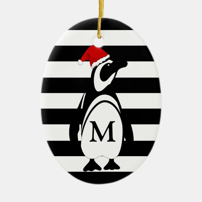 Svartvit penguin och Rand Monogram Julgransprydnad Keramik (Framsidan)