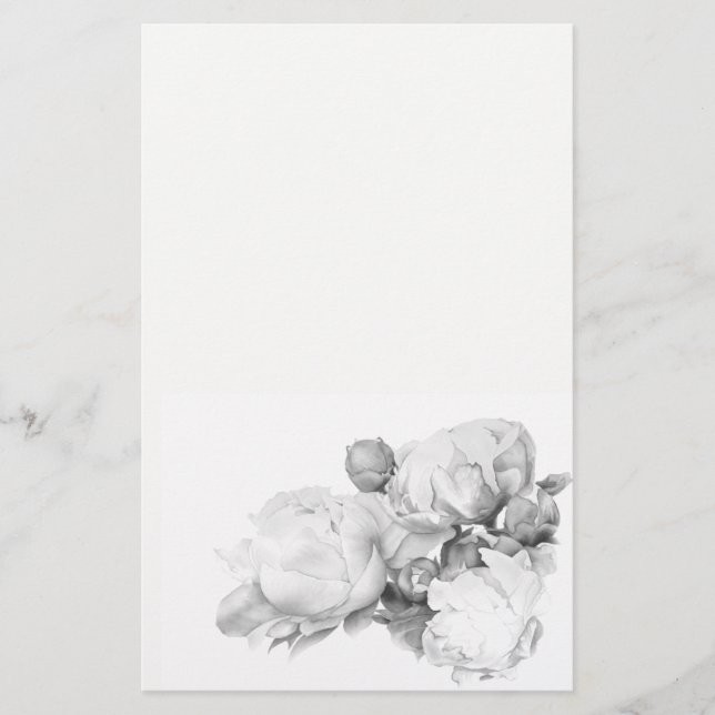 Svartvit peony-elegant blommigt vattenfärgsdel brevpapper (Framsida)