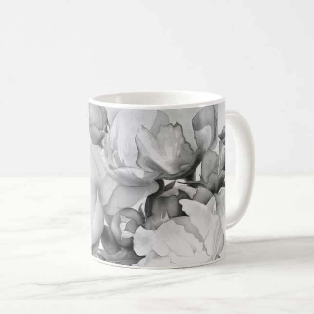 Svartvit peony-elegant blommigt vattenfärgsdel kaffemugg (Framsida höger)