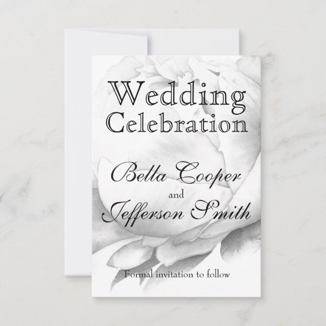 Svartvit peony-elegant blommigt vattenfärgsdel spara datumet (Framsida)