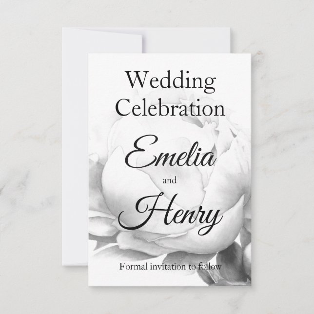 Svartvit peony-elegant blommigt vattenfärgsdel spara datumet (Framsida)