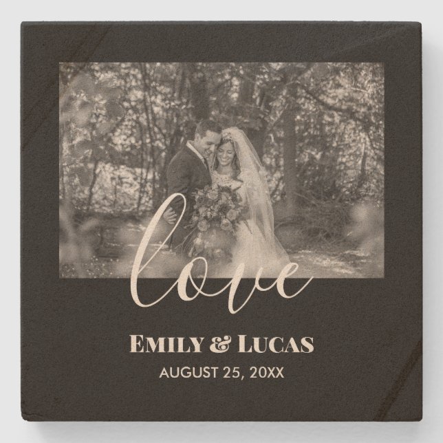 Svartvit Personligt bröllp-fotoenkel Elegant Stenunderlägg (Framsidan)